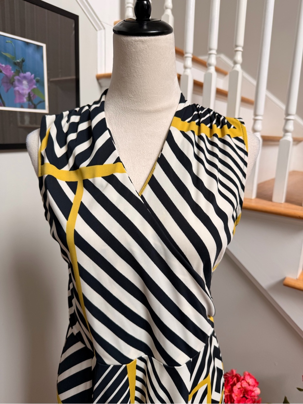 Jones New York Medium Sleeveless Navy and White Striped Midi Dress Yellow Accent - Picture 2 of 7